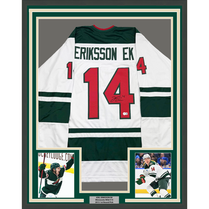 Framed Autographed/Signed Joel Eriksson Ek 35x39 Minnesota White Hockey Jersey Beckett BAS COA