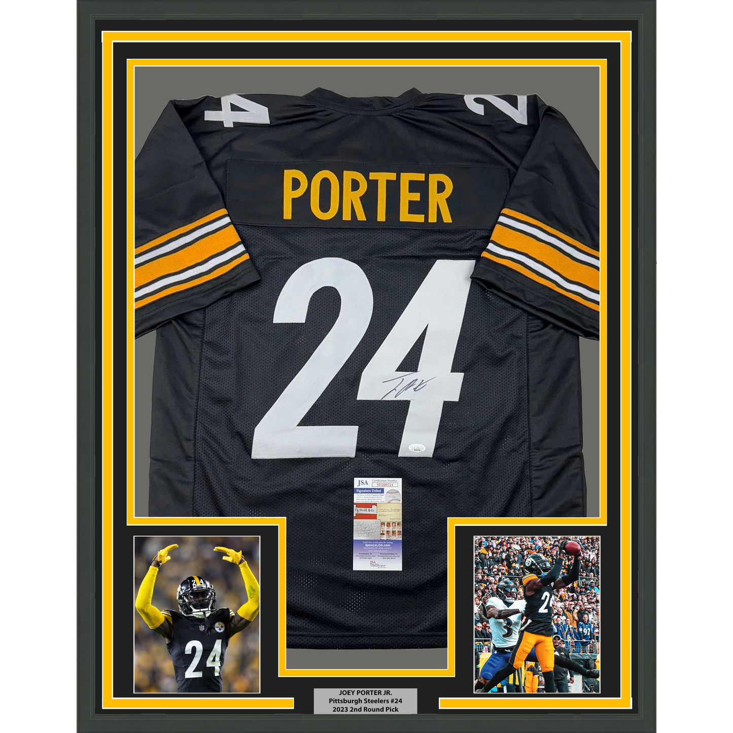 Framed Autographed/Signed Joey Porter Jr. 35x39 Pittsburgh Black Football Jersey JSA COA