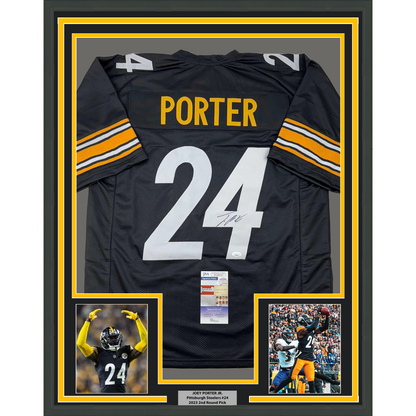 Framed Autographed/Signed Joey Porter Jr. 35x39 Pittsburgh Black Football Jersey JSA COA