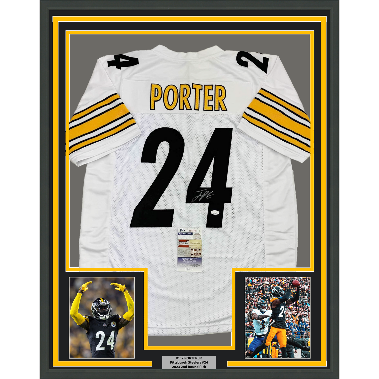 Framed Autographed/Signed Joey Porter Jr. 35x39 Pittsburgh White Football Jersey JSA COA