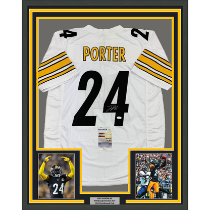 Framed Autographed/Signed Joey Porter Jr. 35x39 Pittsburgh White Football Jersey JSA COA