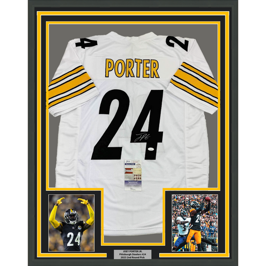 Framed Autographed/Signed Joey Porter Jr. 35x39 Pittsburgh White Football Jersey JSA COA