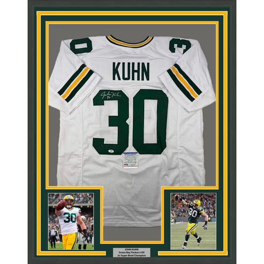 Framed Autographed/Signed John Kuhn 35x39 Green Bay White Football Jersey PSA/DNA COA