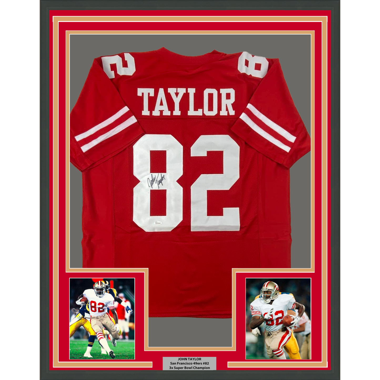 Framed Autographed/Signed John Taylor 35x39 San Francisco Red Football Jersey JSA COA