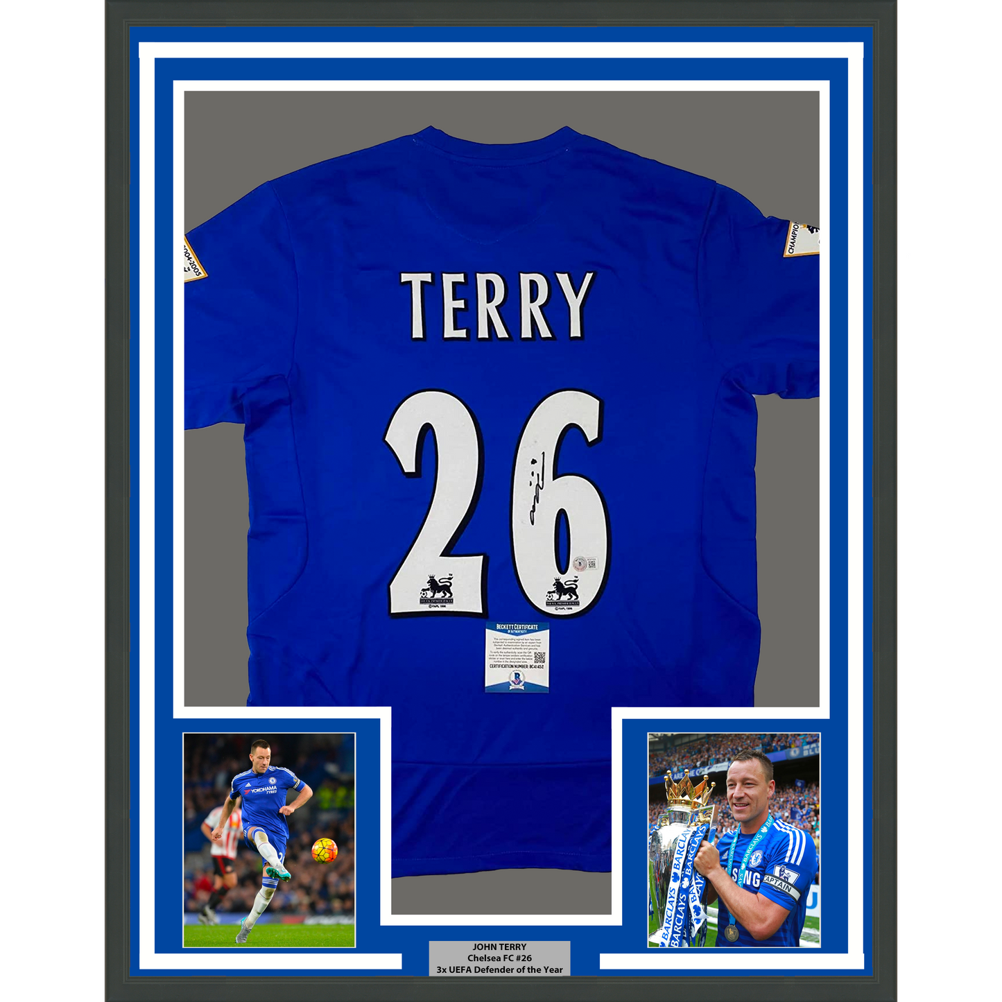 Framed Autographed/Signed John Terry 35x39 Chelsea FC Blue Soccer Futbol Jersey Beckett BAS COA