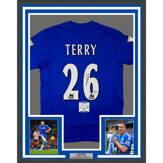 Framed Autographed/Signed John Terry 35x39 Chelsea FC Blue Soccer Futbol Jersey Beckett BAS COA