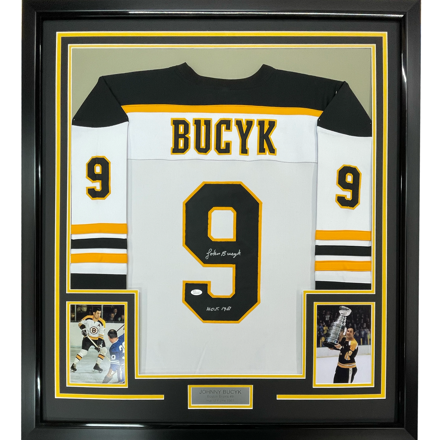 Framed Autographed/Signed Johnny John Bucyk HOF 1981 35x39 Boston White Hockey Jersey JSA COA
