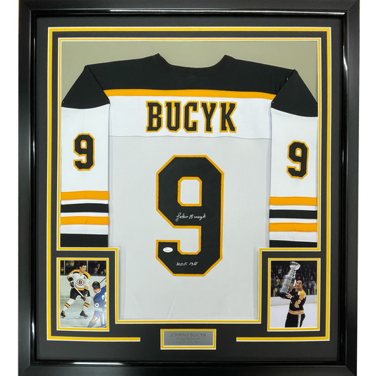 Framed Autographed/Signed Johnny John Bucyk HOF 1981 35x39 Boston White Hockey Jersey JSA COA