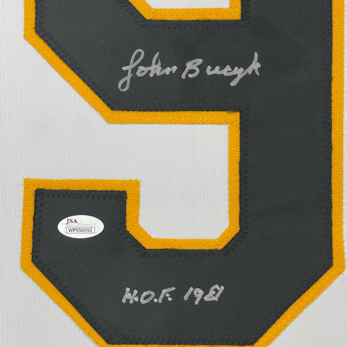 Framed Autographed/Signed Johnny John Bucyk HOF 1981 35x39 Boston White Hockey Jersey JSA COA