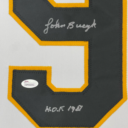 Framed Autographed/Signed Johnny John Bucyk HOF 1981 35x39 Boston White Hockey Jersey JSA COA