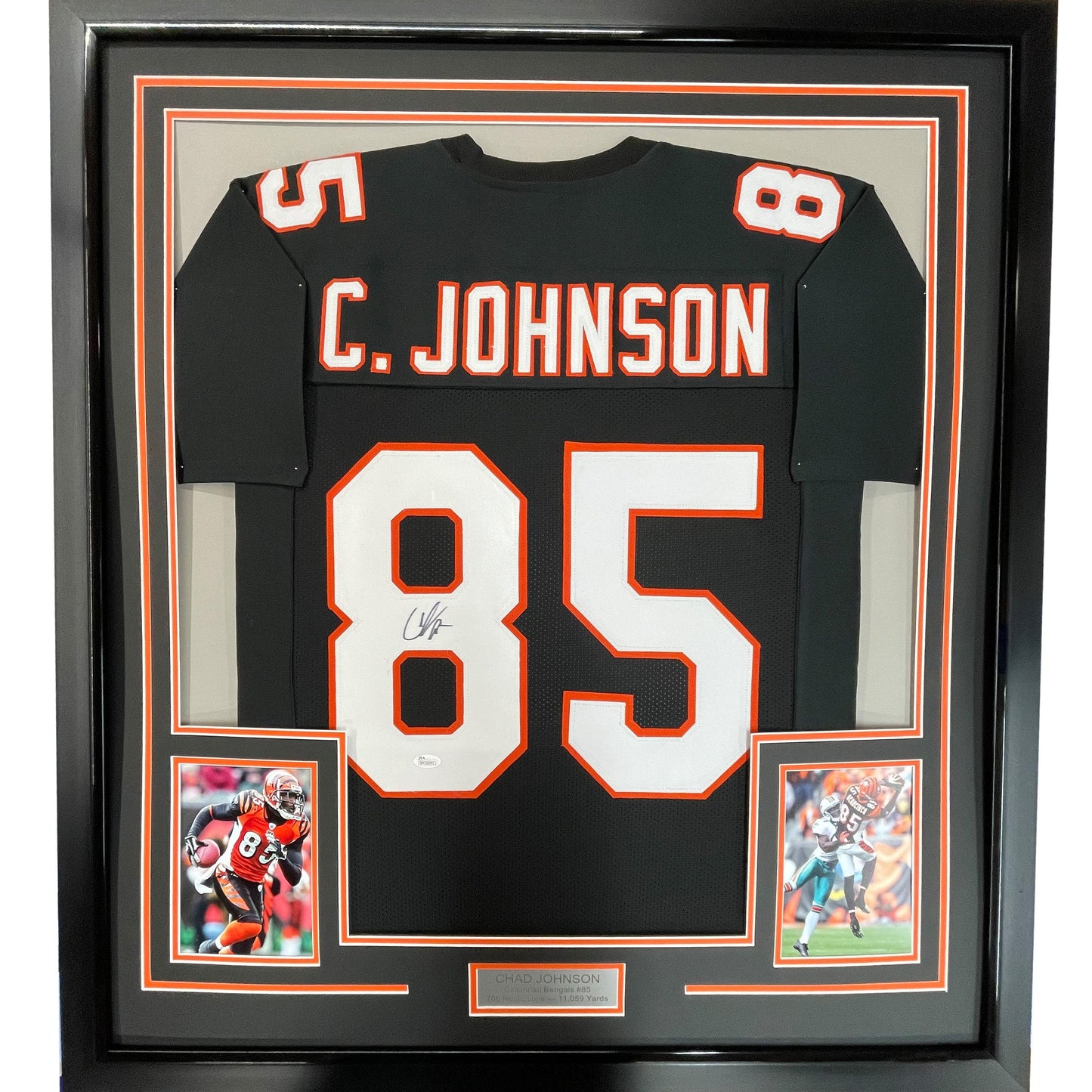 Framed Autographed/Signed Chad Johnson 35x39 Ochocinco Cincinnati Black Retro Football Jersey JSA COA