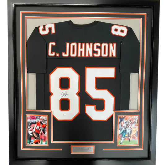 Framed Autographed/Signed Chad Johnson 35x39 Ochocinco Cincinnati Black Retro Football Jersey JSA COA