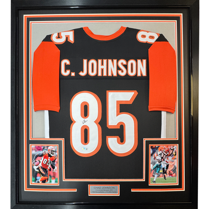 Framed Autographed/Signed Chad Johnson Ochocinco 35x39 Cincinnati Black Football Jersey JSA COA
