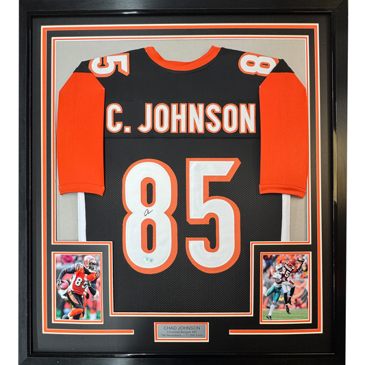 Framed Autographed/Signed Chad Johnson Ochocinco 35x39 Cincinnati Black Football Jersey JSA COA