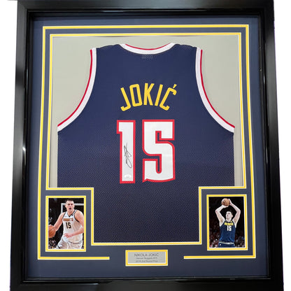 Framed Autographed/Signed Nikola Jokic 35x39 Denver Dark Blue Basketball Jersey JSA COA