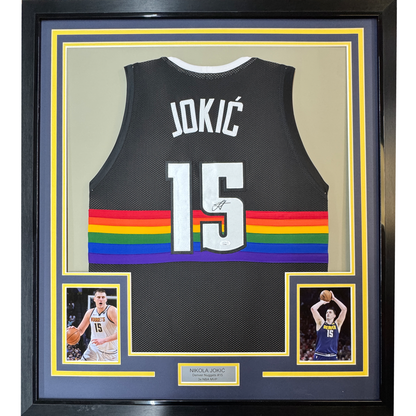 Framed Autographed/Signed Nikola Jokic 35x39 Denver Black Rainbow Basketball Jersey JSA COA