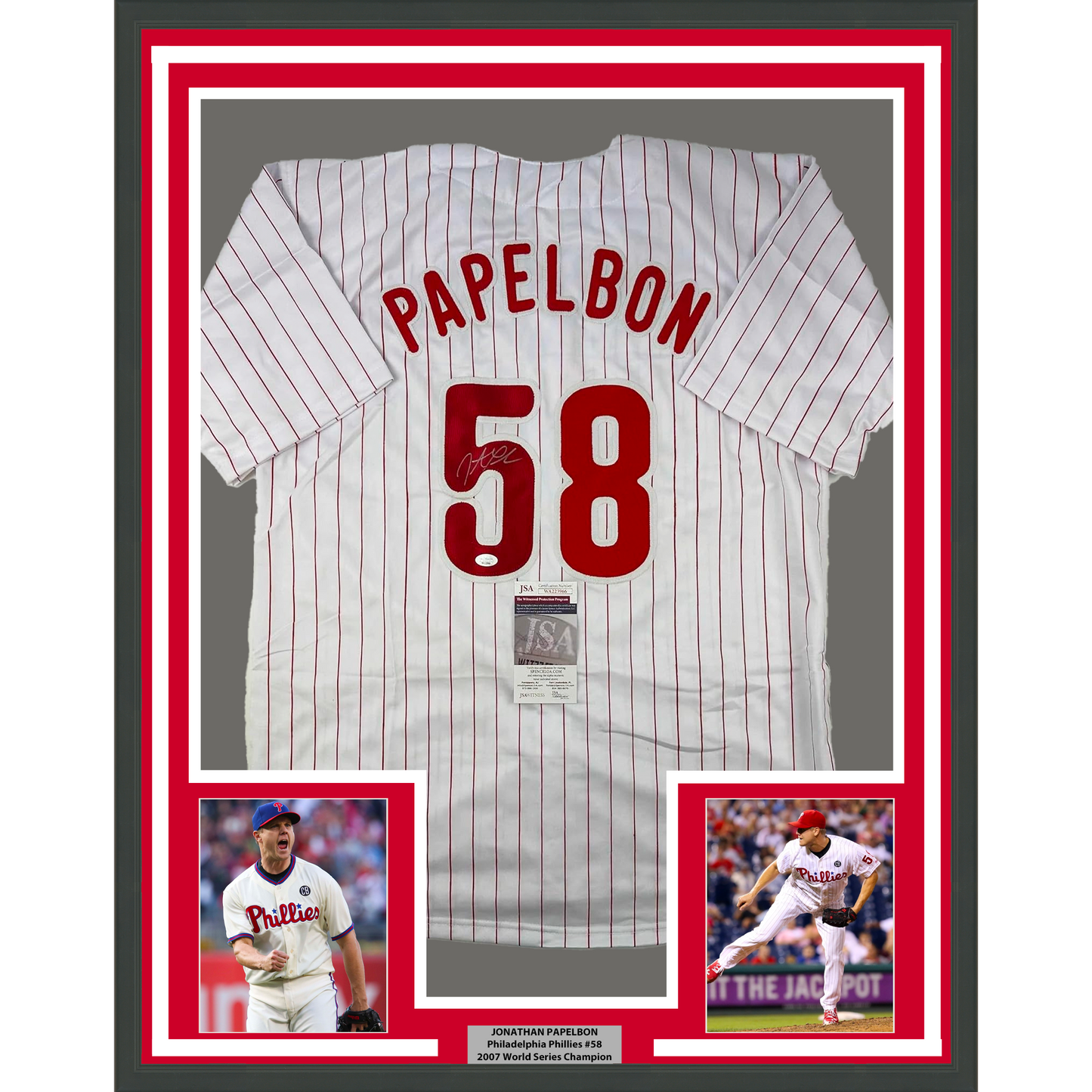 Framed Autographed/Signed Jonathan Papelbon 35x39 Philadelphia Pinstripe Baseball Jersey JSA COA