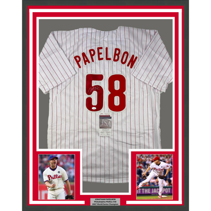 Framed Autographed/Signed Jonathan Papelbon 35x39 Philadelphia Pinstripe Baseball Jersey JSA COA