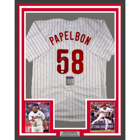 Framed Autographed/Signed Jonathan Papelbon 35x39 Philadelphia Pinstripe Baseball Jersey JSA COA
