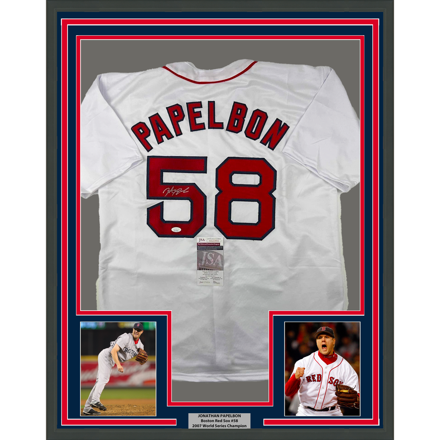 Framed Autographed/Signed Jonathan Papelbon 35x39 Boston White Baseball Jersey JSA COA