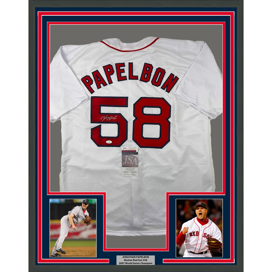 Framed Autographed/Signed Jonathan Papelbon 35x39 Boston White Baseball Jersey JSA COA