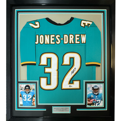 Framed Autographed/Signed Maurice Jones-Drew 35x39 Jacksonville Teal Football Jersey Beckett BAS COA