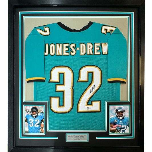 Framed Autographed/Signed Maurice Jones-Drew 35x39 Jacksonville Teal Football Jersey Beckett BAS COA