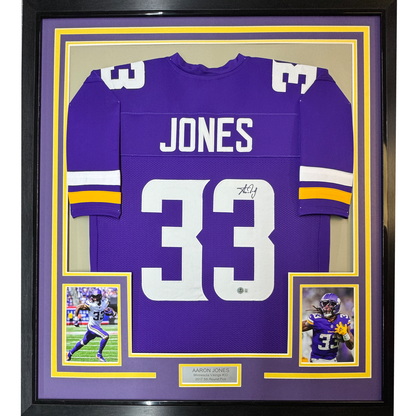 Framed Autographed/Signed Aaron Jones 35x39 Minnesota Purple Football Jersey Beckett BAS COA