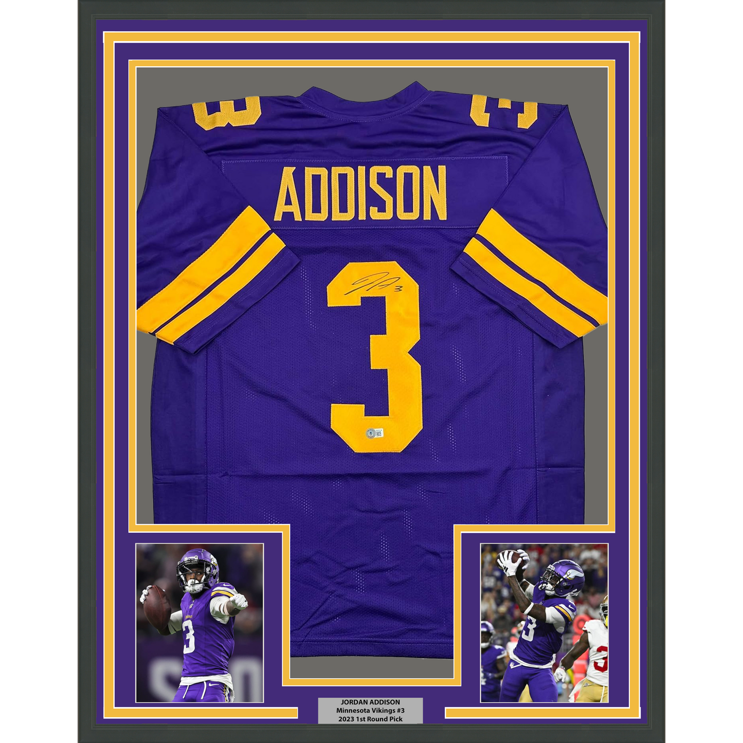 Framed Autographed/Signed Jordan Addison 35x39 Minnesota Color Rush Football Jersey Beckett BAS COA