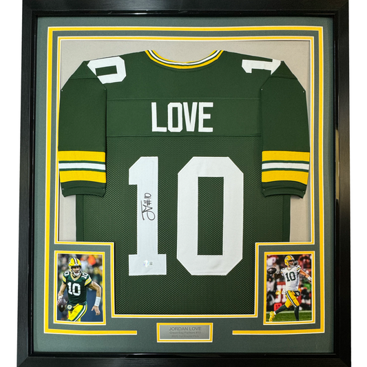 Framed Autographed/Signed Jordan Love 35x39 Green Bay Green Football Jersey Beckett BAS COA