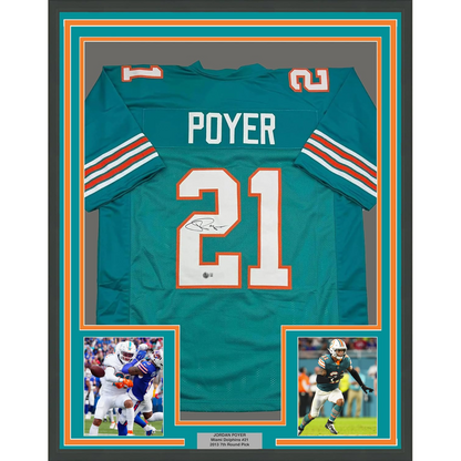 Framed Autographed/Signed Jordan Poyer 35x39 Miami Teal Football Jersey Beckett BAS COA