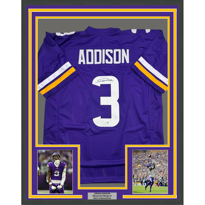 Framed Autographed/Signed Jordan Addison 35x39 Minnesota Purple Football Jersey JSA COA