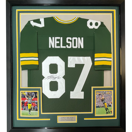 Framed Autographed/Signed Jordy Nelson 35x39 Green Bay Green Football Jersey JSA COA