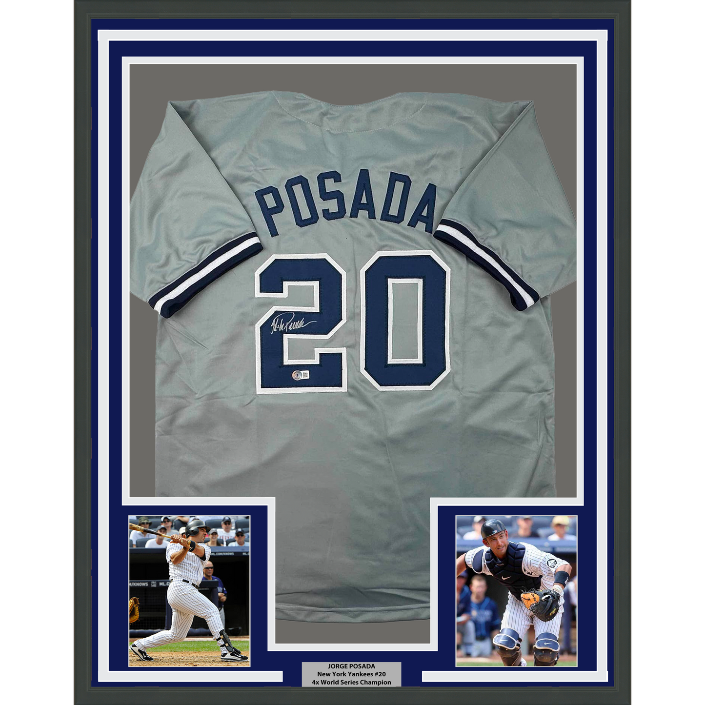 Framed Autographed/Signed Jorge Posada 35x39 New York Grey Baseball Jersey Beckett BAS COA