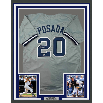 Framed Autographed/Signed Jorge Posada 35x39 New York Grey Baseball Jersey Beckett BAS COA