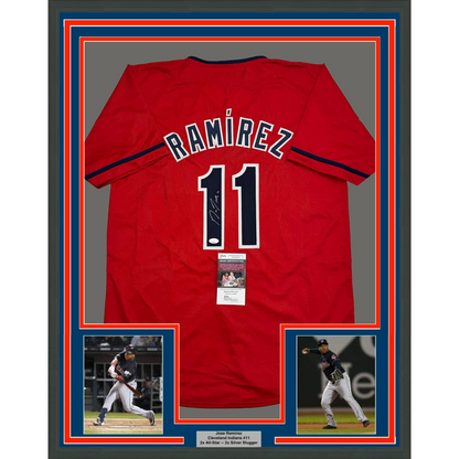 Framed Autographed/Signed Jose Ramirez 35x39 Cleveland Red Baseball Jersey JSA COA