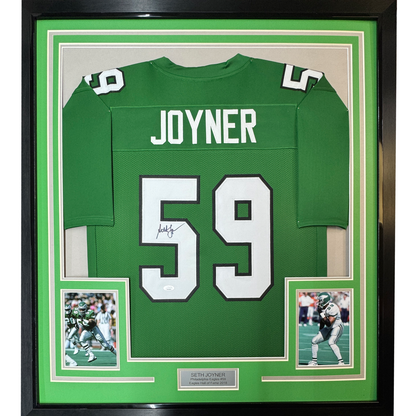 Framed Autographed/Signed Seth Joyner 35x39 Philadelphia Green Football Jersey JSA COA