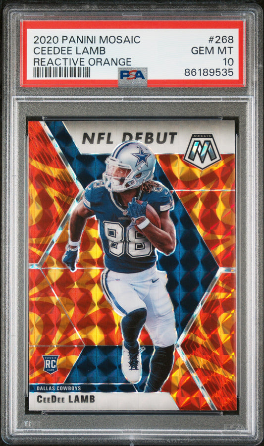 Graded 2020 Panini Mosaic CeeDee Lamb #268 Reactive Orange Rookie RC Football Card PSA 10 Gem Mint
