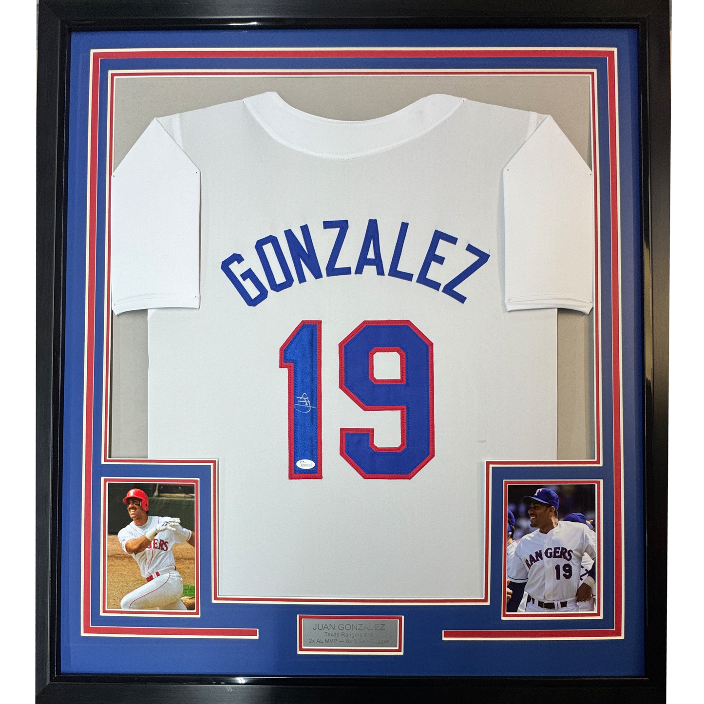Framed Autographed/Signed Juan Gonzalez 35x39 Texas White Baseball Jersey JSA COA