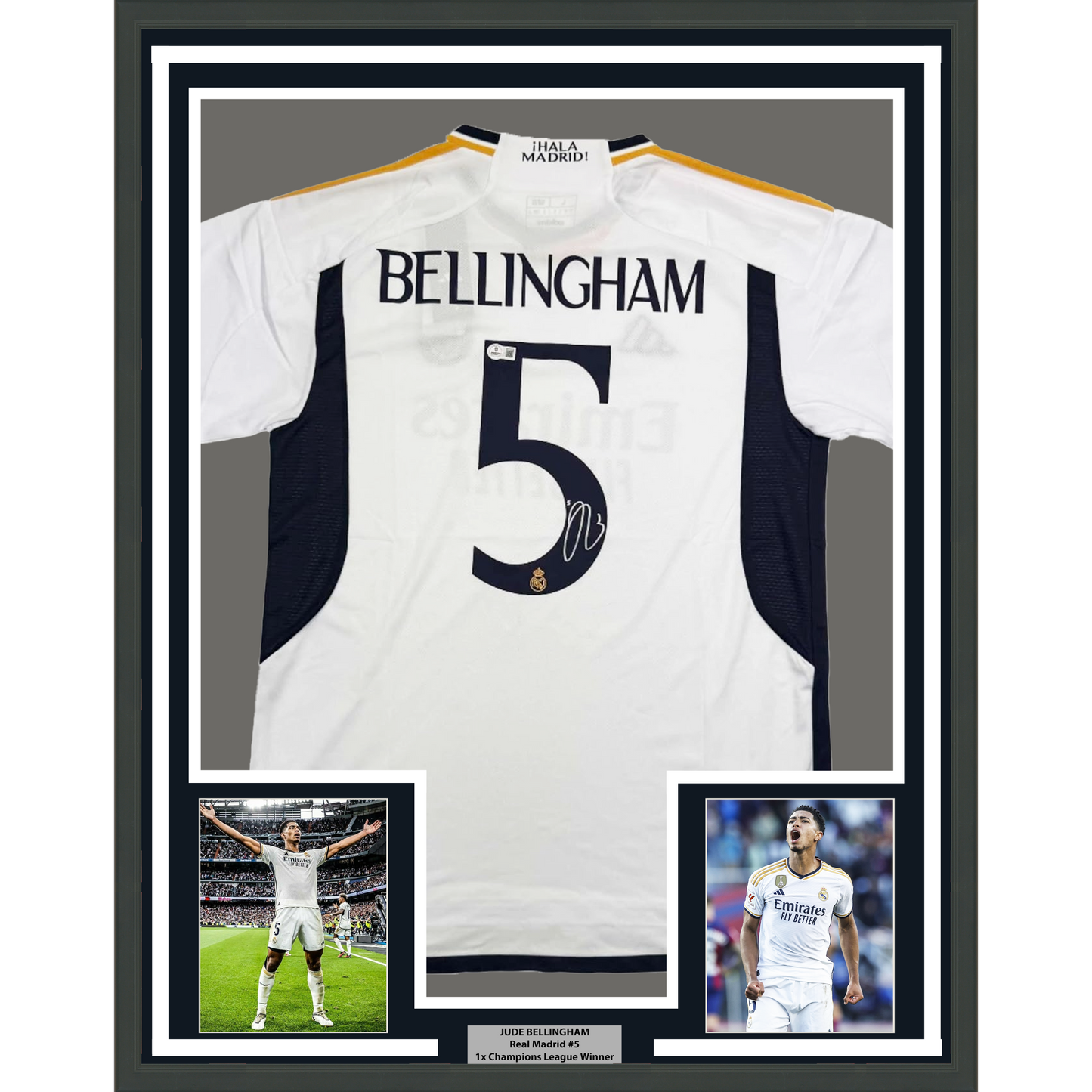 Framed Autographed/Signed Jude Bellingham 35x39 Real Madrid White Soccer Jersey Beckett BAS COA
