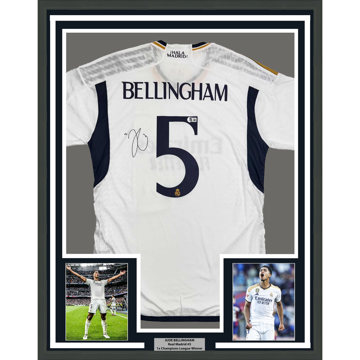 Framed Autographed/Signed Jude Bellingham 35x39 Real Madrid White Soccer Jersey Beckett BAS COA