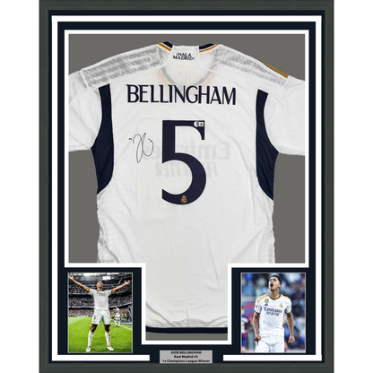 Framed Autographed/Signed Jude Bellingham 35x39 Real Madrid White Soccer Jersey Beckett BAS COA