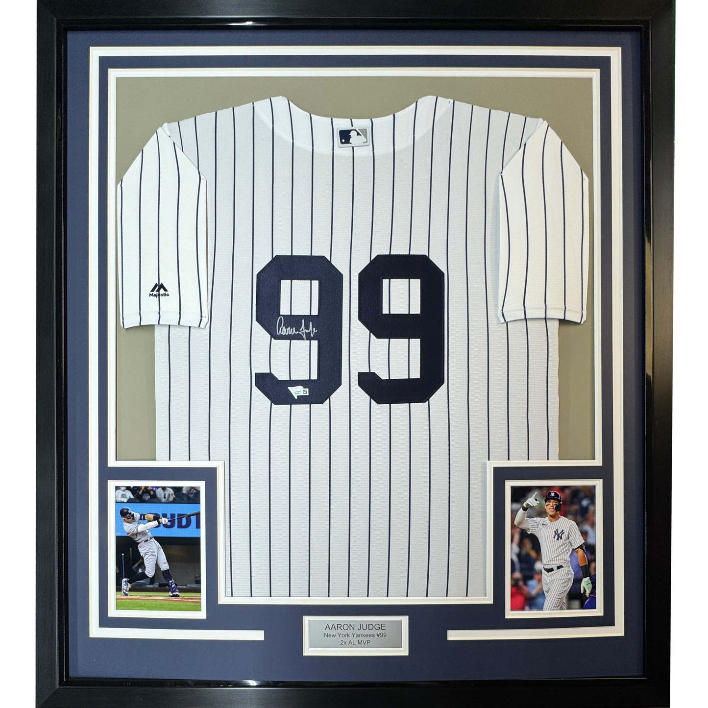 Framed Autographed/Signed Aaron Judge 35x39 New York Yankees Authentic Majestic Pinstripe Baseball Jersey Fanatics COA