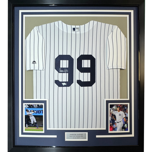Framed Autographed/Signed Aaron Judge 35x39 New York Yankees Authentic Majestic Pinstripe Baseball Jersey Fanatics COA