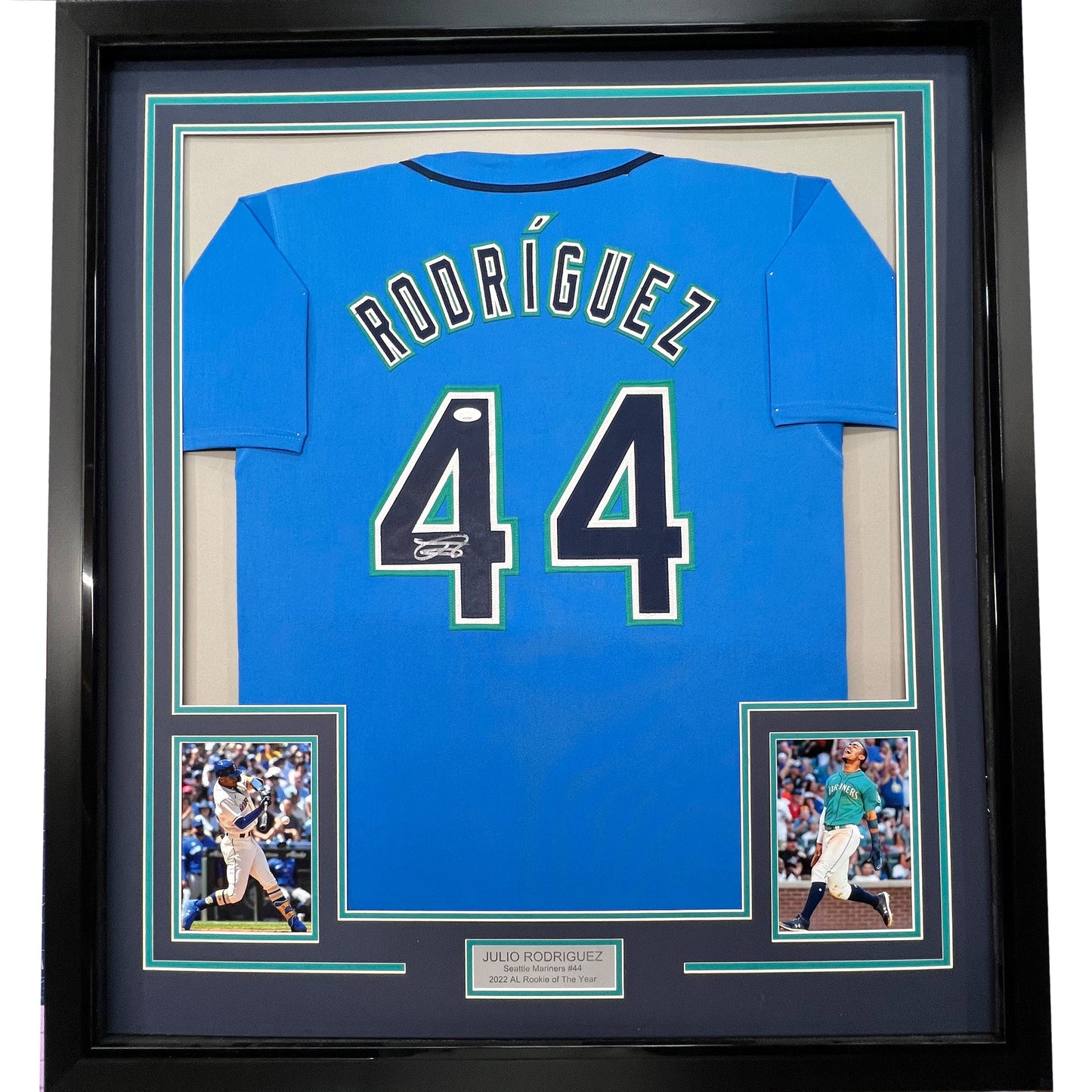Framed Autographed/Signed Julio Rodriguez 35x39 Seattle Light Blue Baseball Jersey JSA COA