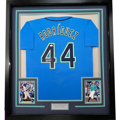 Framed Autographed/Signed Julio Rodriguez 35x39 Seattle Light Blue Baseball Jersey JSA COA