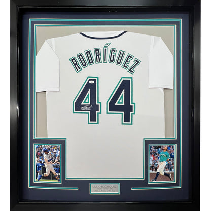 Framed Autographed/Signed Julio Rodriguez 35x39 Seattle White Baseball Jersey JSA COA