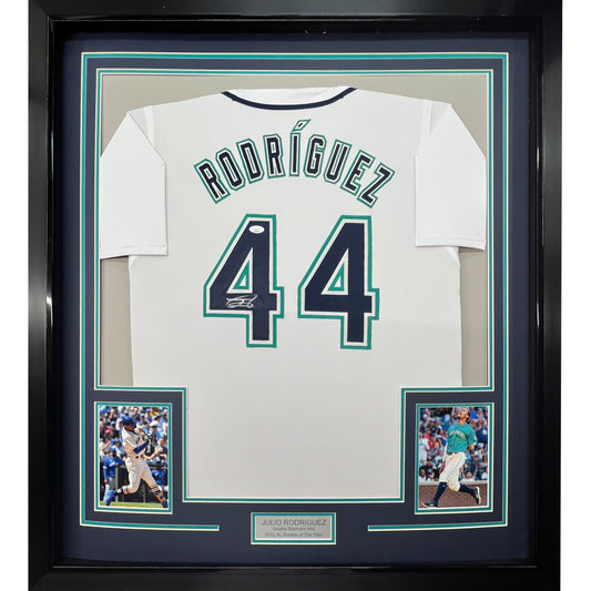 Framed Autographed/Signed Julio Rodriguez 35x39 Seattle White Baseball Jersey JSA COA