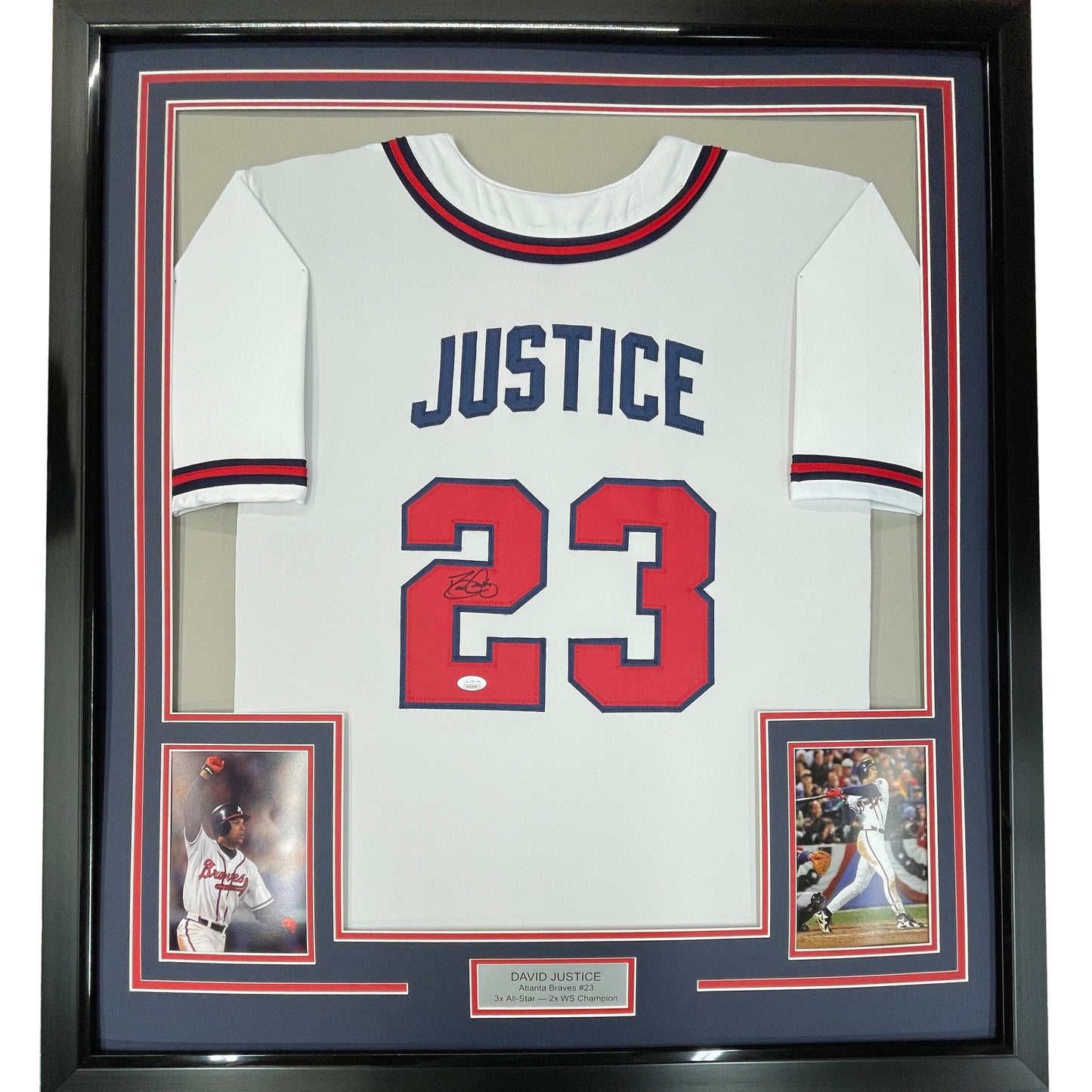 Framed Autographed/Signed David Justice 35x39 Atlanta White Baseball Jersey JSA COA