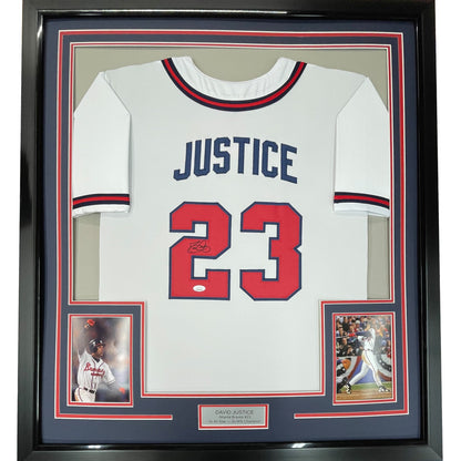 Framed Autographed/Signed David Justice 35x39 Atlanta White Baseball Jersey JSA COA